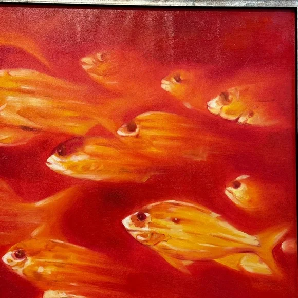 🆕 “Golden Harmony” School of Fish Original – 25.5”x26.5” Framed Oil on Canvas - Picture 2 of 16